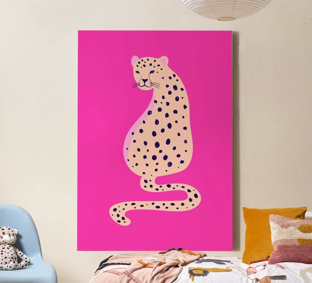 Zittend Luipaard - Levendig Roze & Crème Kunst canvas met Baklijst van homdeco