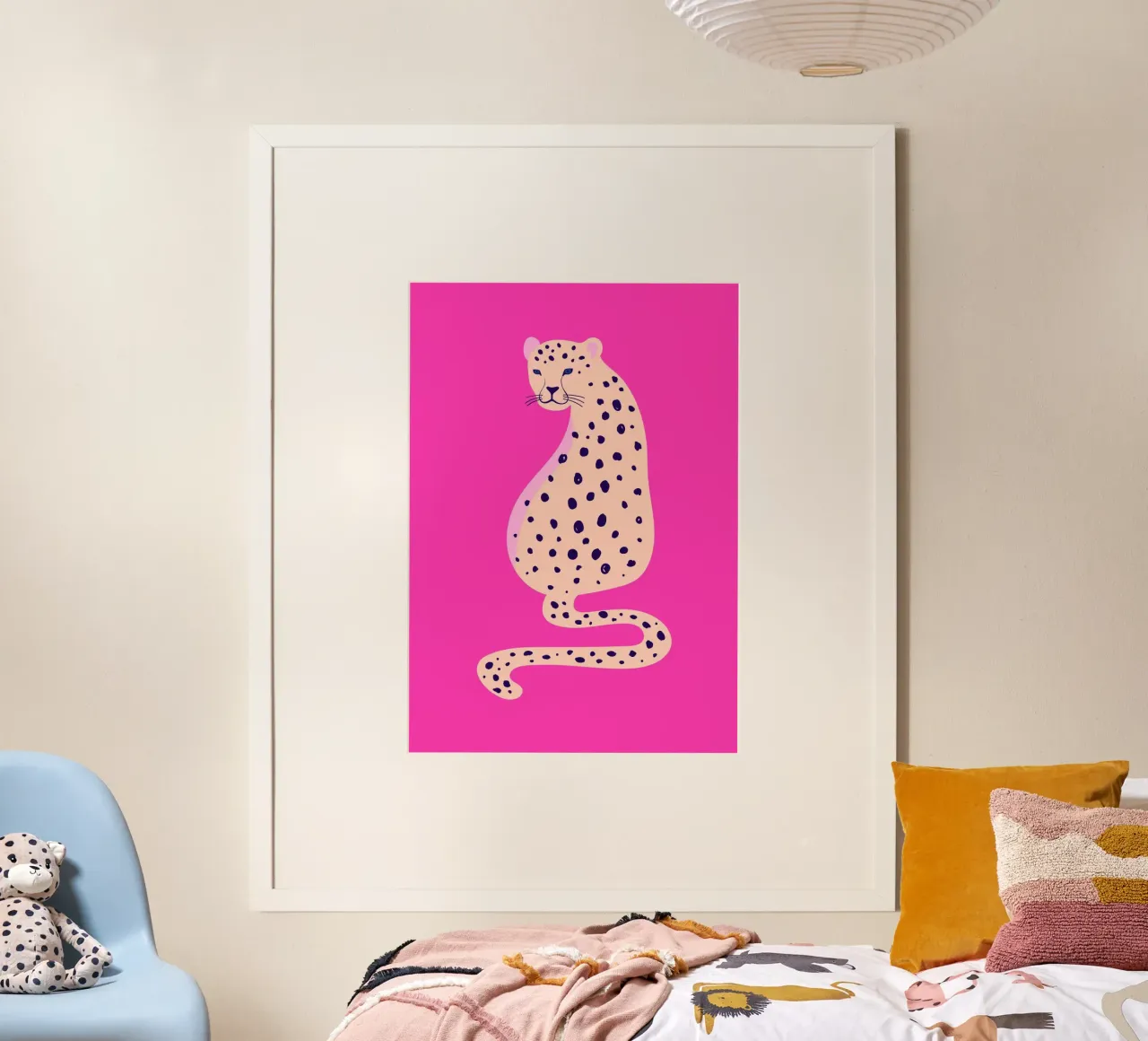 Sitzender Leopard - Lebendiges Rosa & Creme Kunst Poster von homdeco