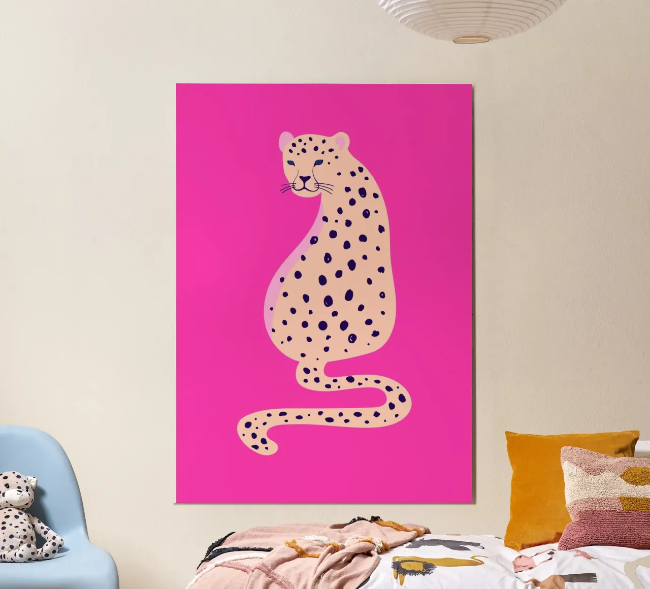 Sitzender Leopard - Lebendiges Rosa & Creme Kunst Poster von homdeco