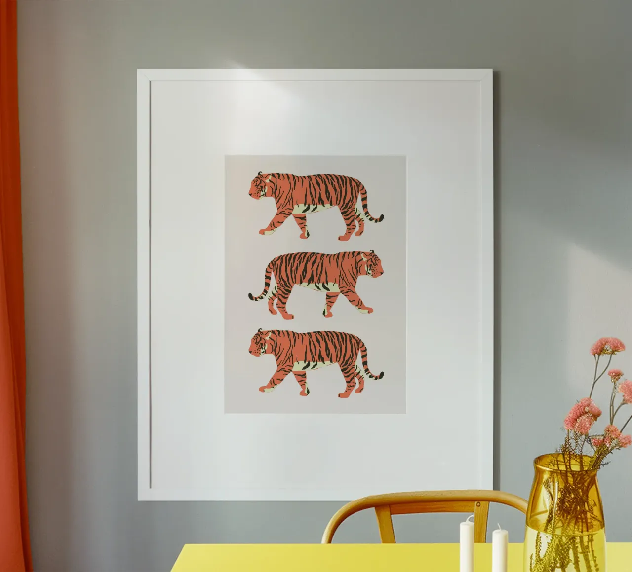 Tripla tigre - Stampa minimalista arancione e nera poster con telaio in alluminio da homdeco