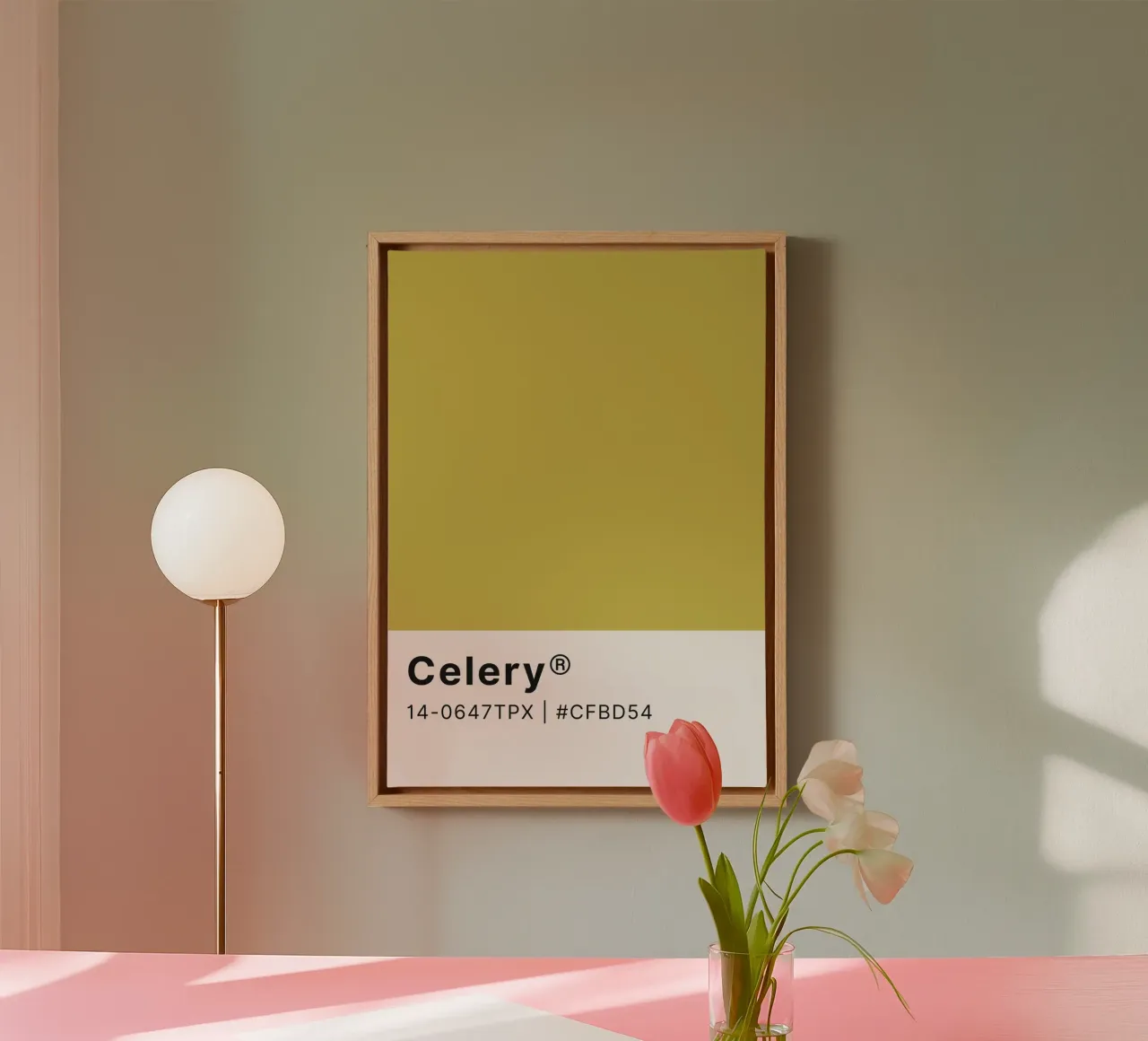 Pantone Celery - Minimalistische kleurenblokkunst canvas met Baklijst van homdeco