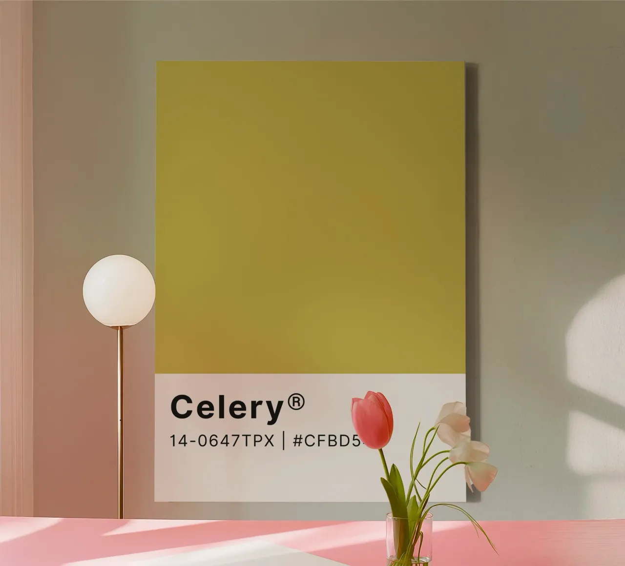 Pantone Celery - Minimalistische kleurenblokkunst canvas met Baklijst van homdeco