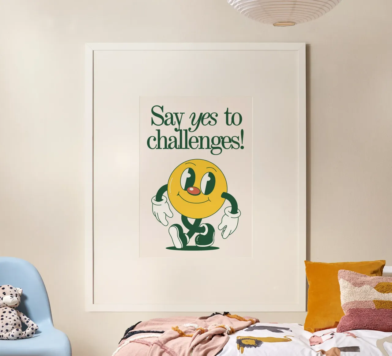 Di sí a los retos - Dibujos animados retro poster con marco de madera de homdeco