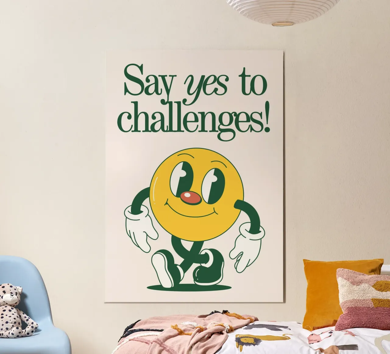 Di sí a los retos - Dibujos animados retro poster con marco de madera de homdeco