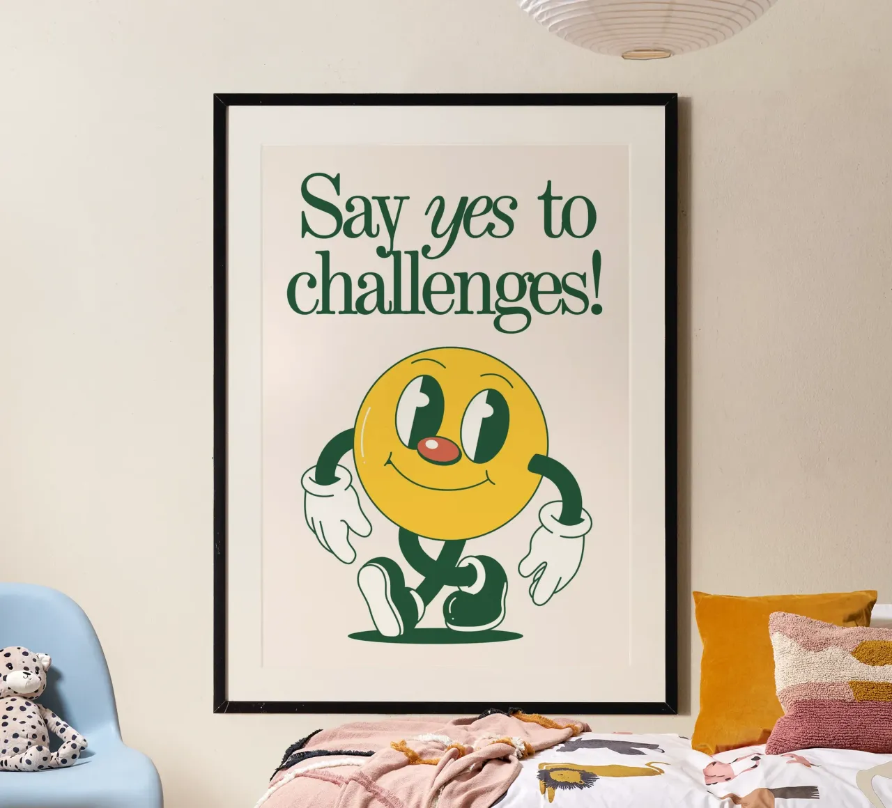 Di sí a los retos - Dibujos animados retro poster con marco de madera de homdeco