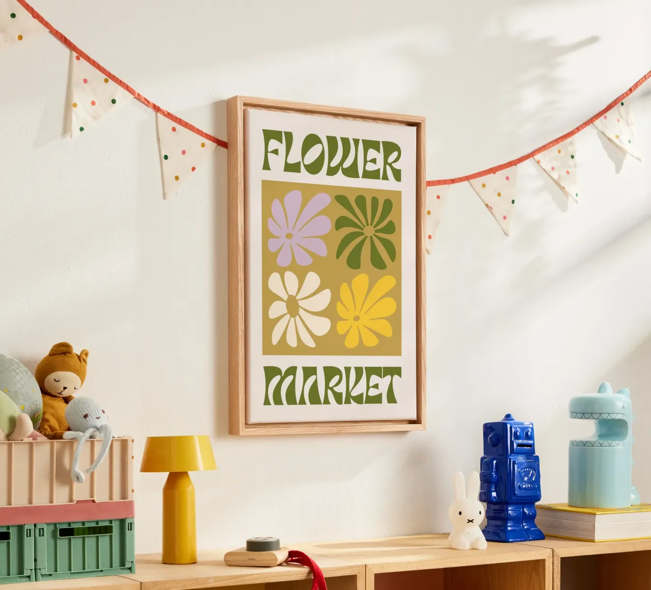 Bloemenmarkt - Retro Groovy Bloemen Kunstdruk canvas met Baklijst van homdeco