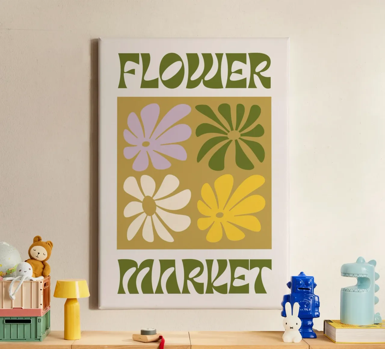 Bloemenmarkt - Retro Groovy Bloemen Kunstdruk canvas met Baklijst van homdeco