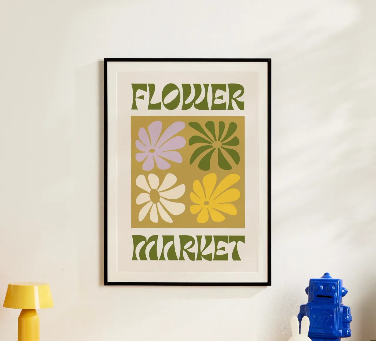 Bloemenmarkt - Retro Groovy Bloemen Kunstdruk poster met kunststof frame van homdeco