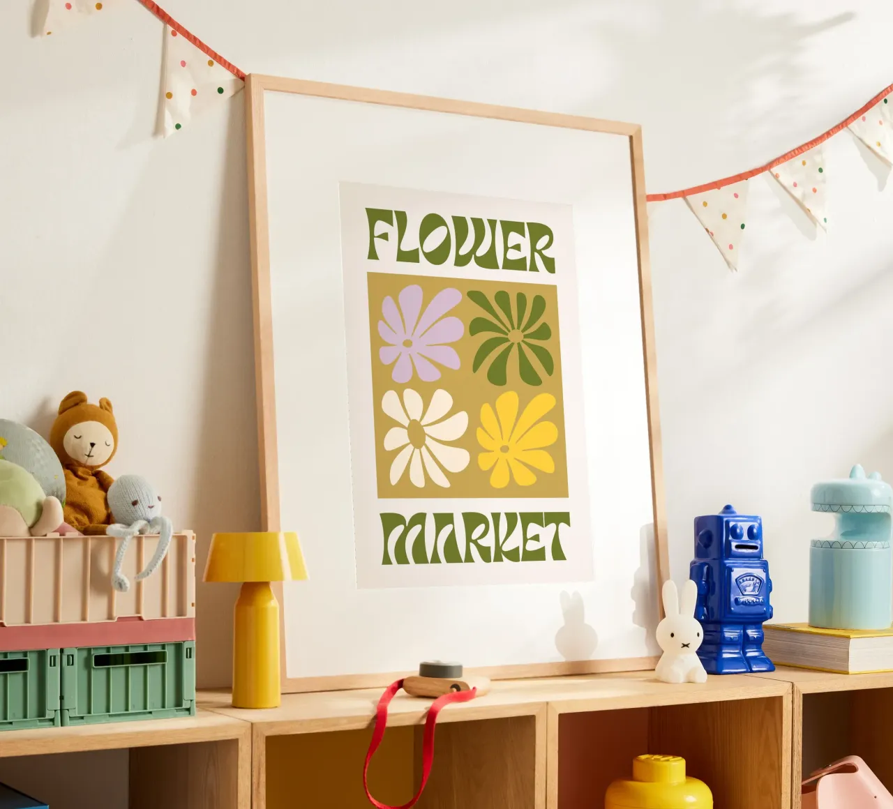Bloemenmarkt - Retro Groovy Bloemen Kunstdruk poster met kunststof frame van homdeco
