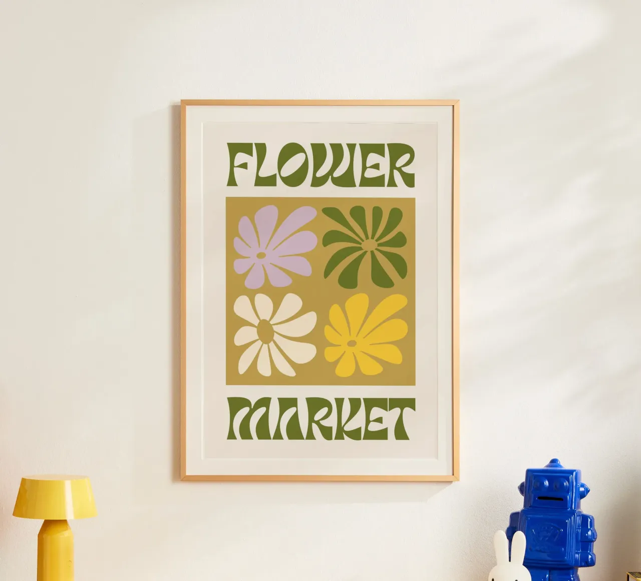 Bloemenmarkt - Retro Groovy Bloemen Kunstdruk poster met kunststof frame van homdeco