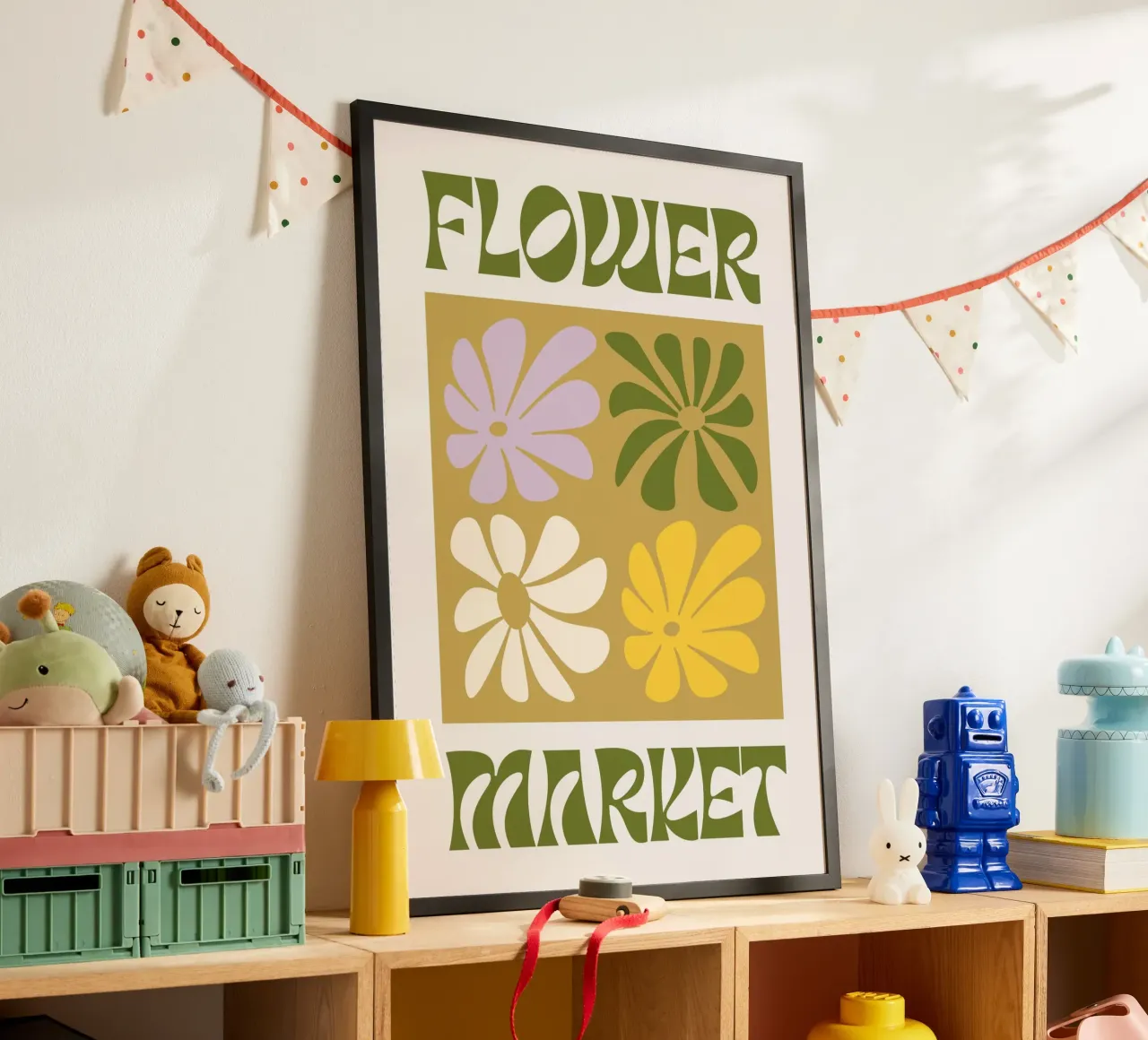 Bloemenmarkt - Retro Groovy Bloemen Kunstdruk poster met kunststof frame van homdeco