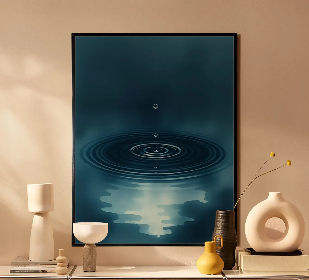 De hypnotiserende dans van een eenzame druppel op rustig water poster met houten frame van Artistic-shop