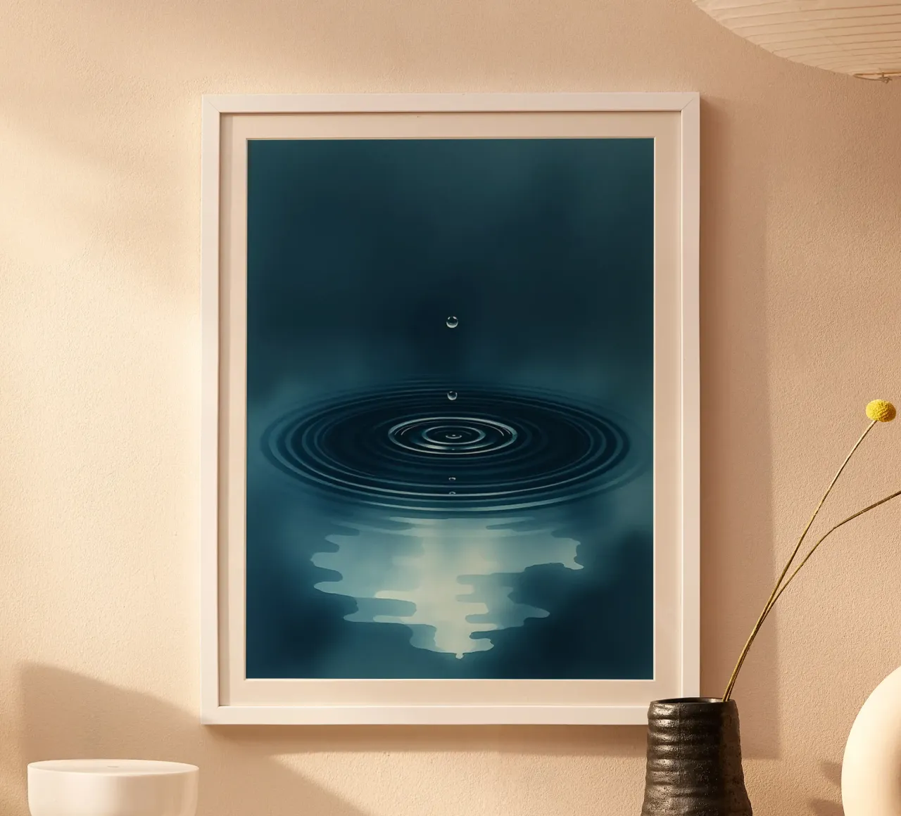 De hypnotiserende dans van een eenzame druppel op rustig water poster met houten frame van Artistic-shop