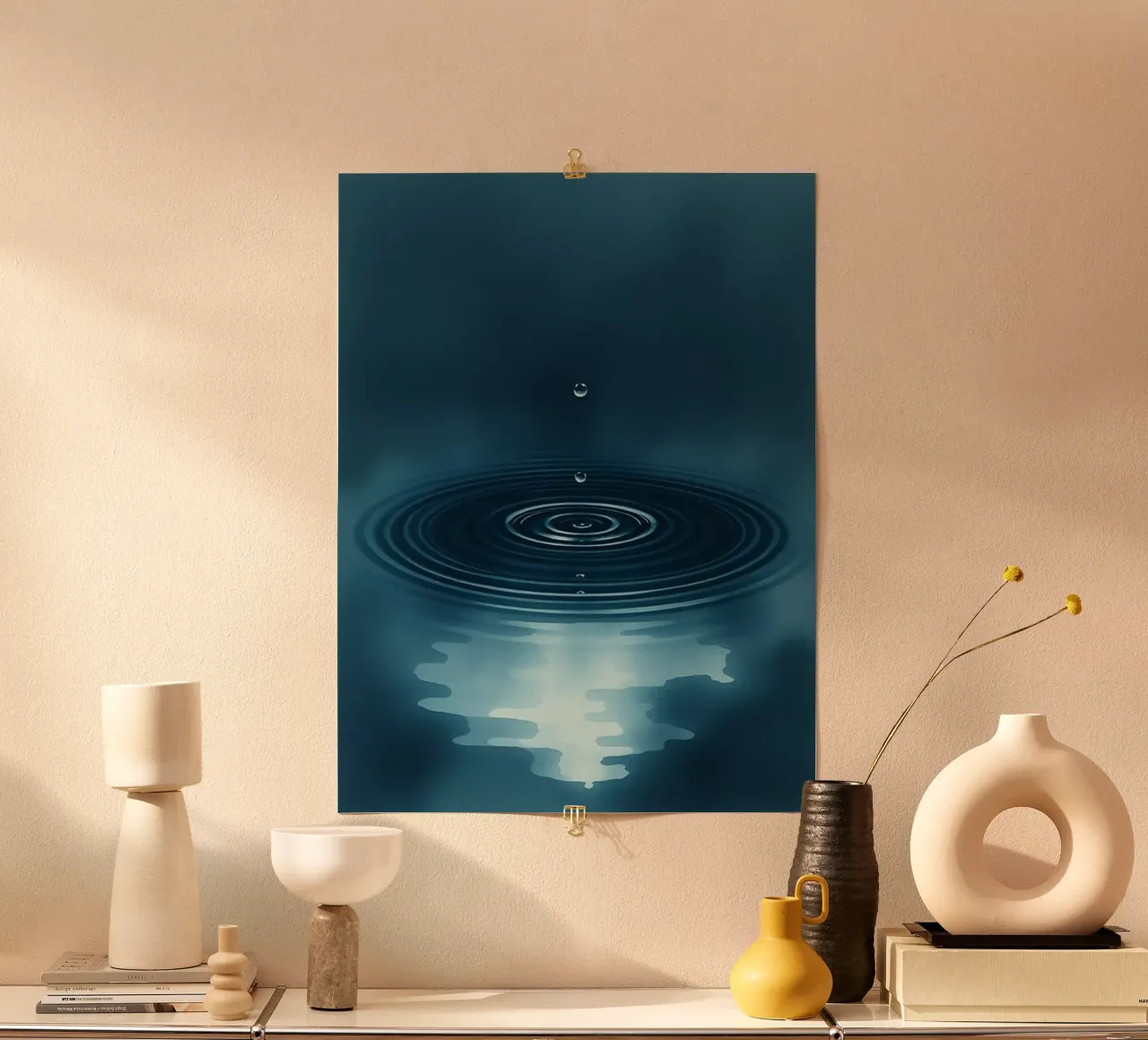 De hypnotiserende dans van een eenzame druppel op rustig water poster met houten frame van Artistic-shop