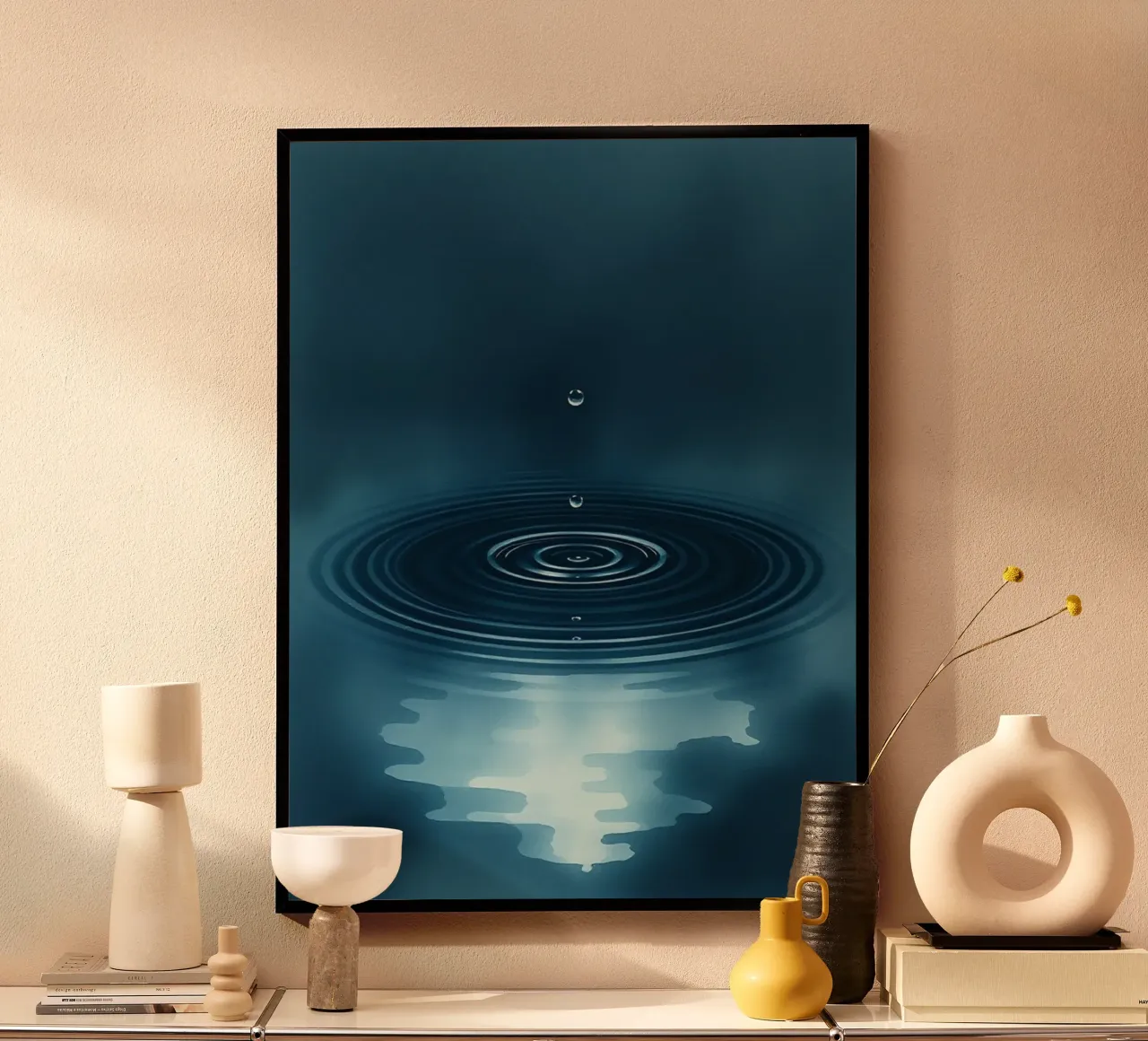 De hypnotiserende dans van een eenzame druppel op rustig water poster met houten frame van Artistic-shop