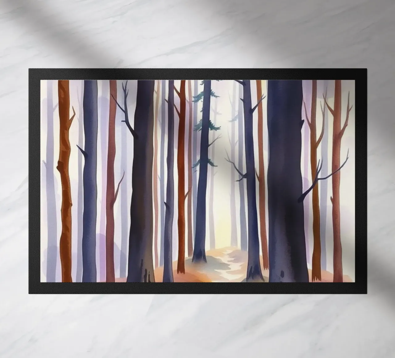 A Mystical Journey Through Tall Trees and Shimmering Light doormat by Artistic-shop