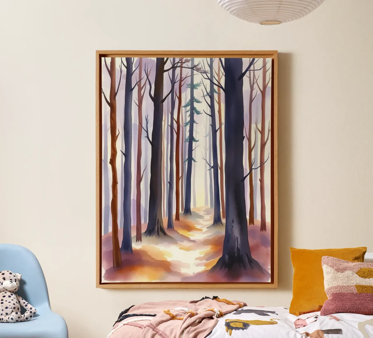 A Mystical Journey Through Tall Trees and Shimmering Light canvas with Floater frame by Artistic-shop