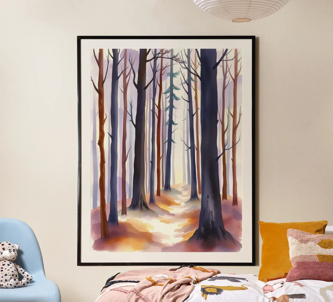 Un viaggio mistico tra alberi alti e luce scintillante poster con telaio in legno da Artistic-shop