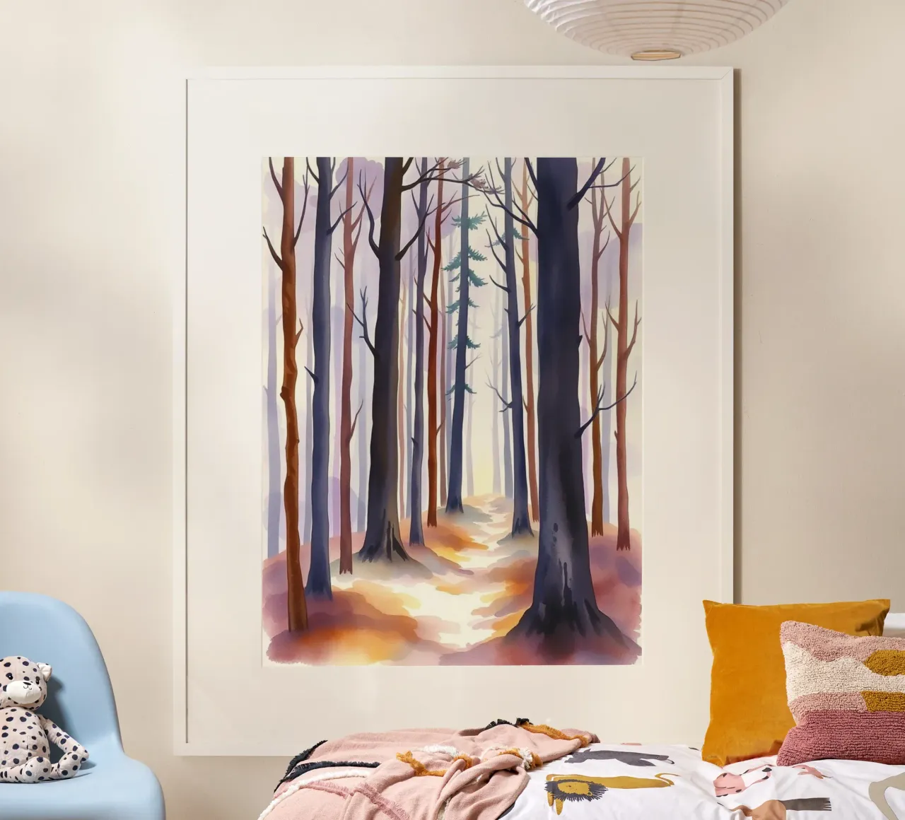 Un viaggio mistico tra alberi alti e luce scintillante poster con telaio in legno da Artistic-shop
