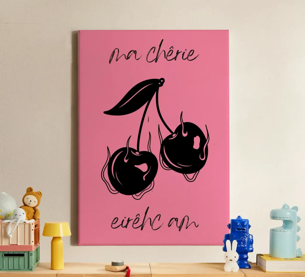 Brennende Kirschen - Ma Chérie Dark Kunstdruck Leinwand mit Schattenfugenrahmen von homdeco