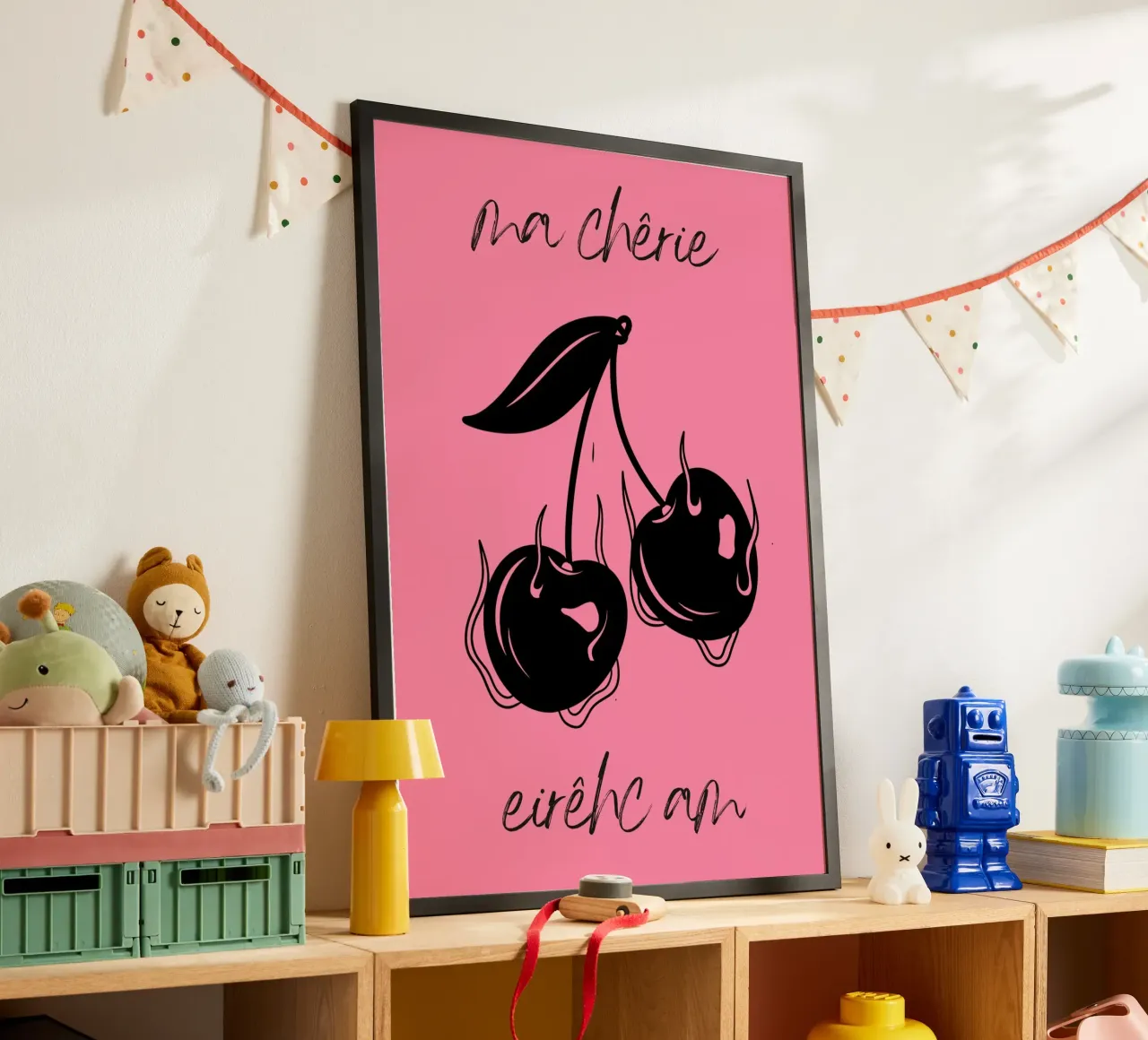 Brennende Kirschen - Ma Chérie Dark Kunstdruck Poster von homdeco