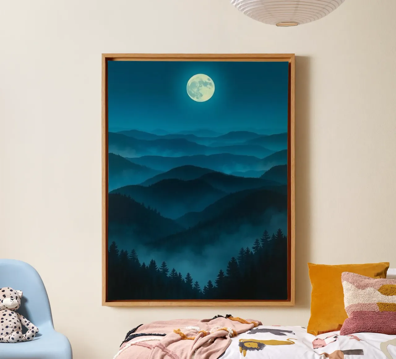 A Luminous Full Moon Illuminating the Mystical Blue Mountain canvas with Floater frame by Artistic-shop