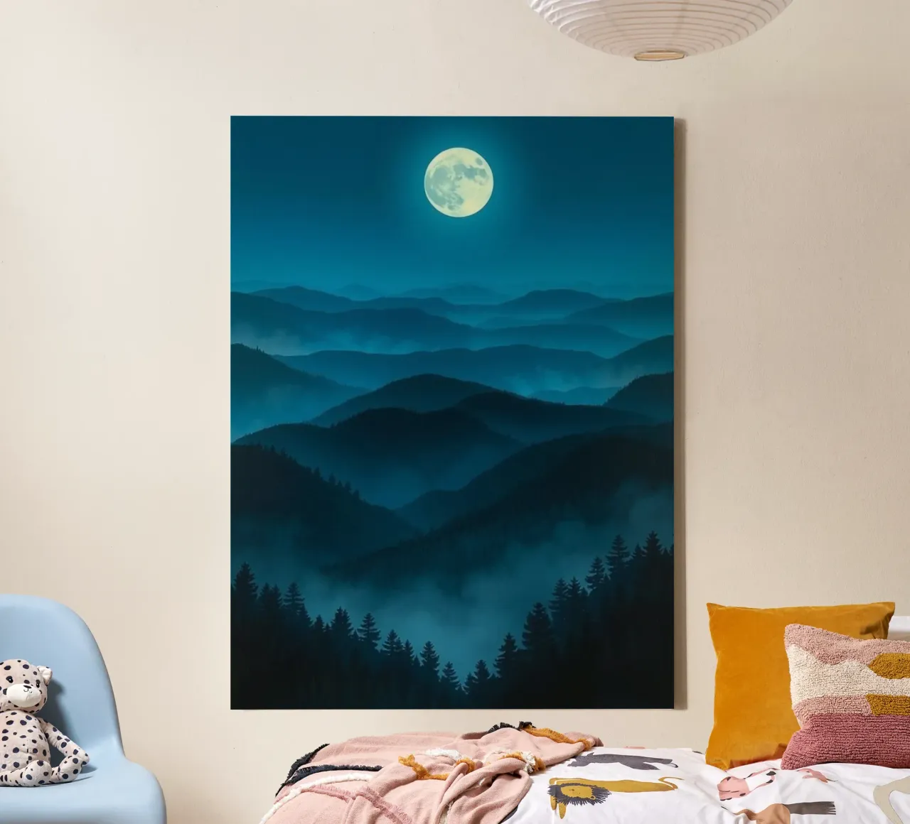 A Luminous Full Moon Illuminating the Mystical Blue Mountain canvas with Floater frame by Artistic-shop