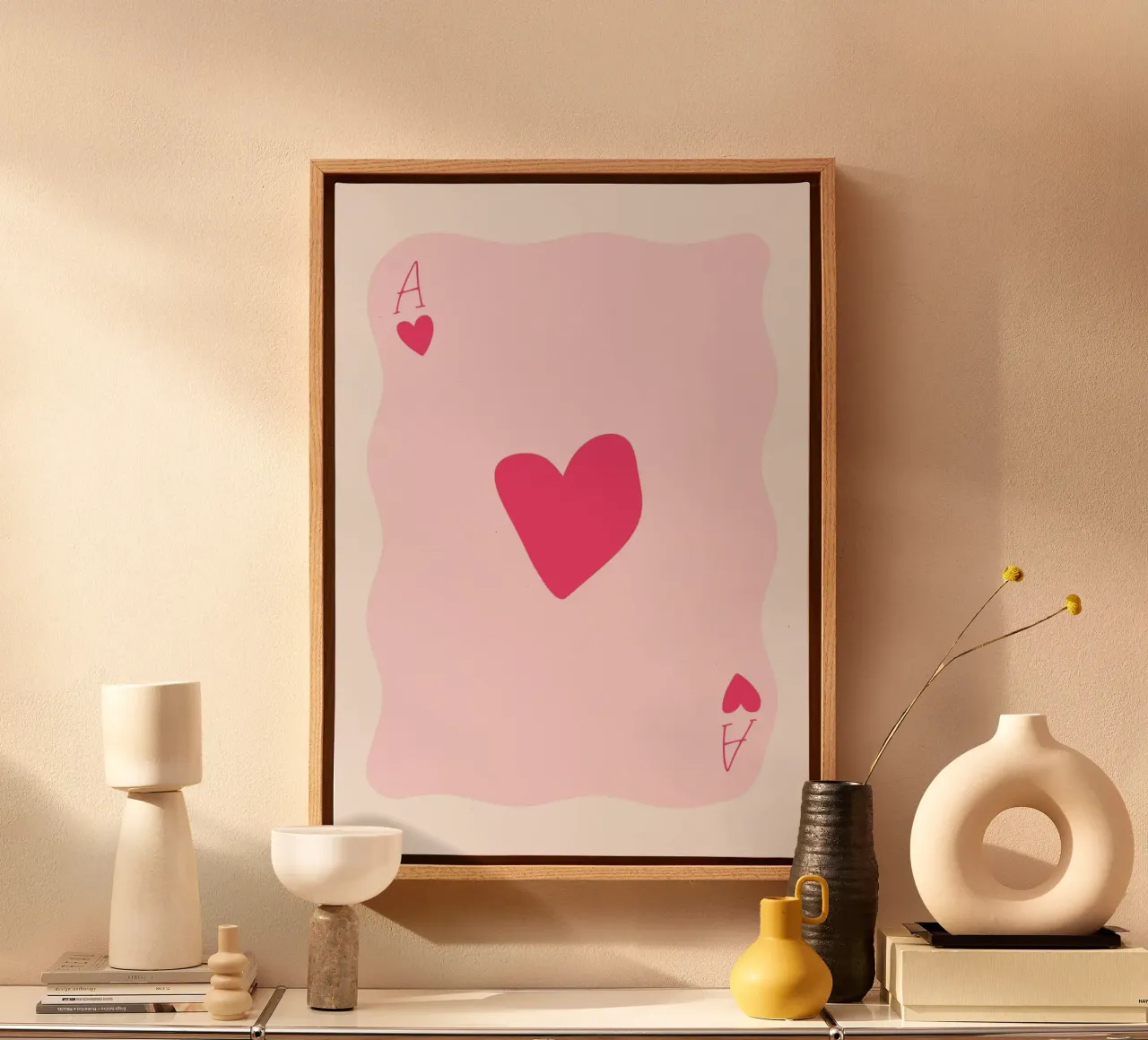 Golvende Harten Aas - Groovy Roze Kaart Art canvas met Baklijst van homdeco