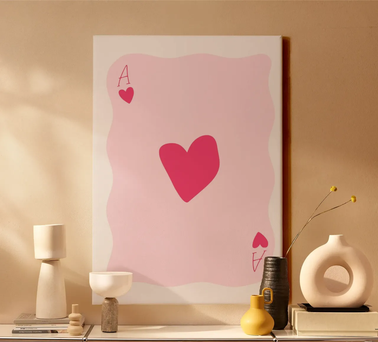 Golvende Harten Aas - Groovy Roze Kaart Art canvas met Baklijst van homdeco