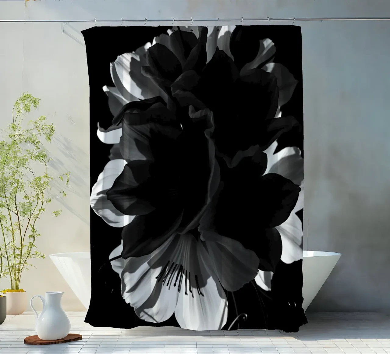 Ondergedompelde bloemblaadjes: Een symfonie van monochrome schaduwen en licht douchegordijn van Artistic-shop
