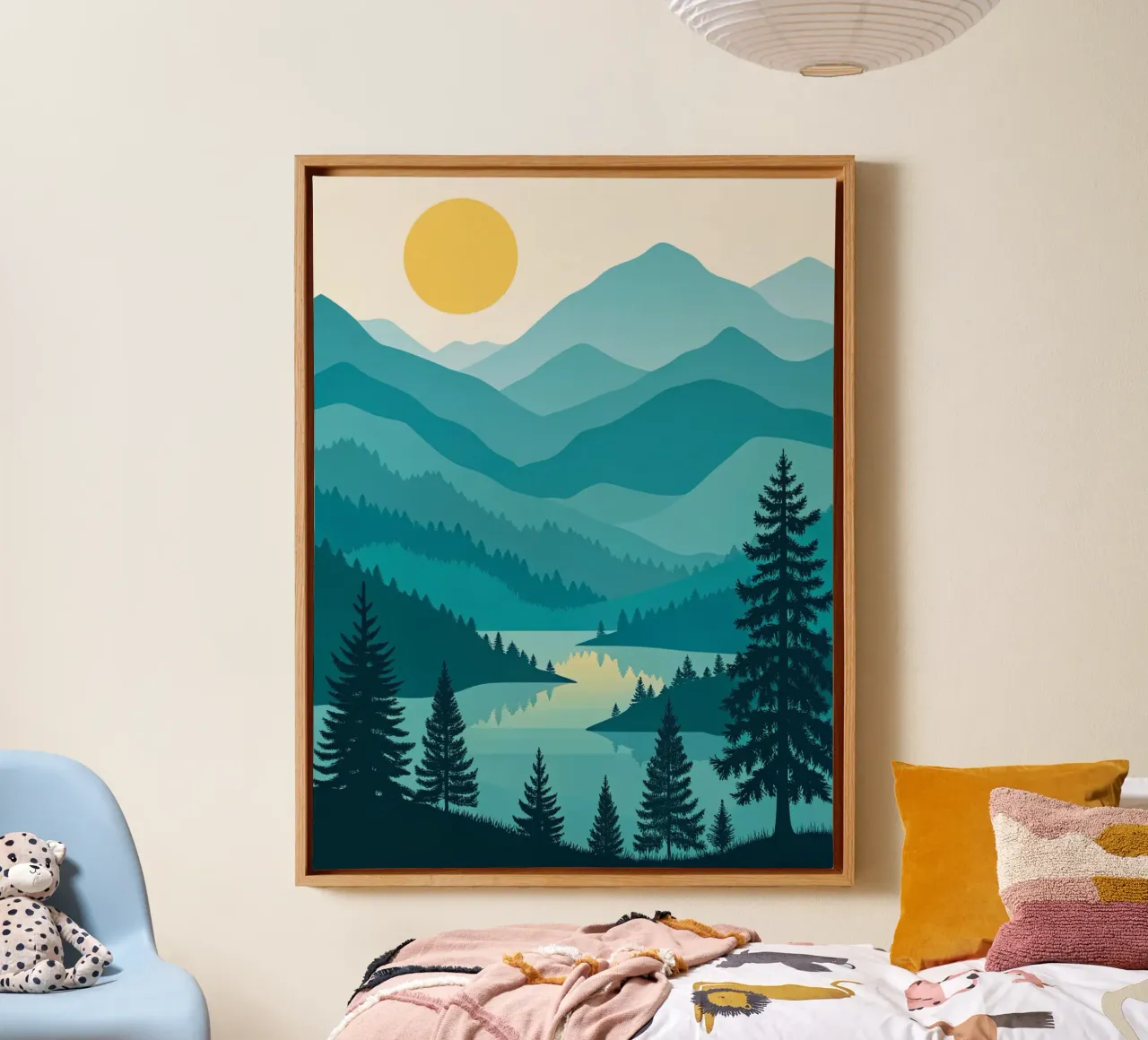 Rustige Azurenpieken: Gelaagd bergmeerlandschap canvas met Baklijst van Artistic-shop