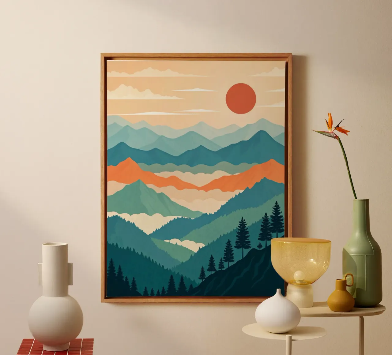 Un paesaggio stilizzato d'epoca con cime nebbiose e foreste sempreverdi tela con Cornice a cassetta da Artistic-shop