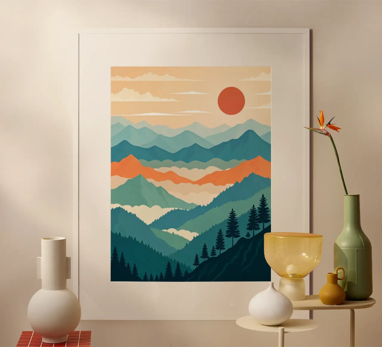 Un paesaggio stilizzato d'epoca con cime nebbiose e foreste sempreverdi poster con telaio in plastica da Artistic-shop