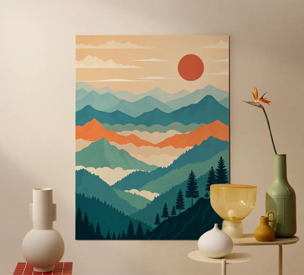 Un paesaggio stilizzato d'epoca con cime nebbiose e foreste sempreverdi poster con telaio in plastica da Artistic-shop