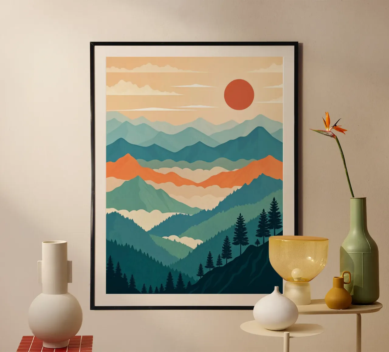 Un paesaggio stilizzato d'epoca con cime nebbiose e foreste sempreverdi poster con telaio in plastica da Artistic-shop