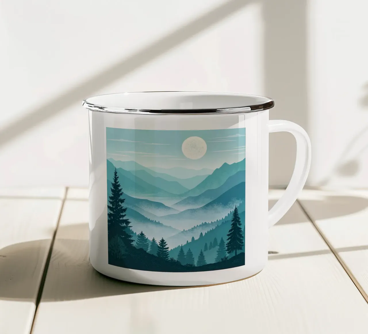 Un sereno paesaggio montano di valle con foschia blu tazza in smalto da Artistic-shop