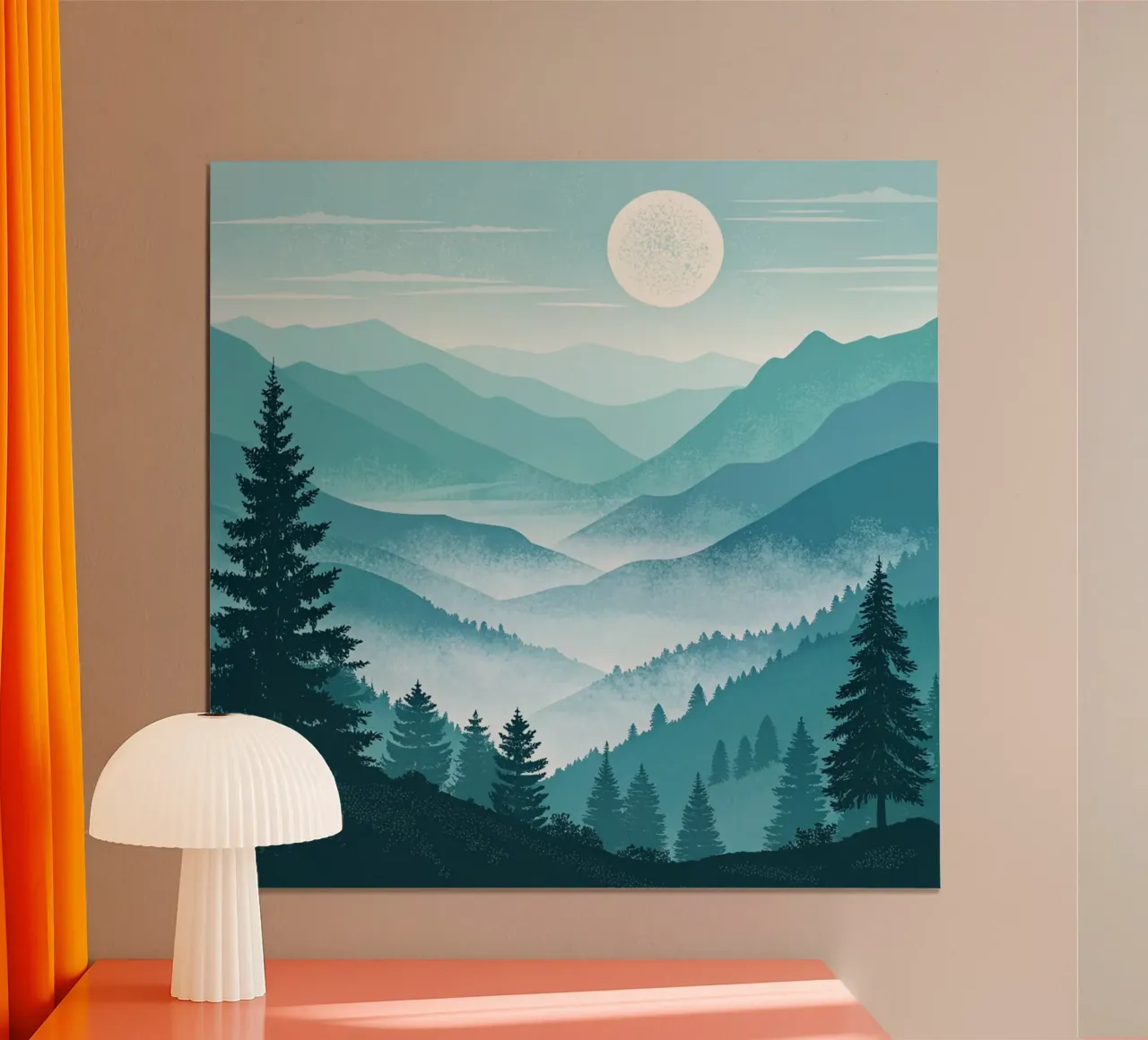 Un sereno paesaggio montano di valle con foschia blu poster con telaio in plastica da Artistic-shop