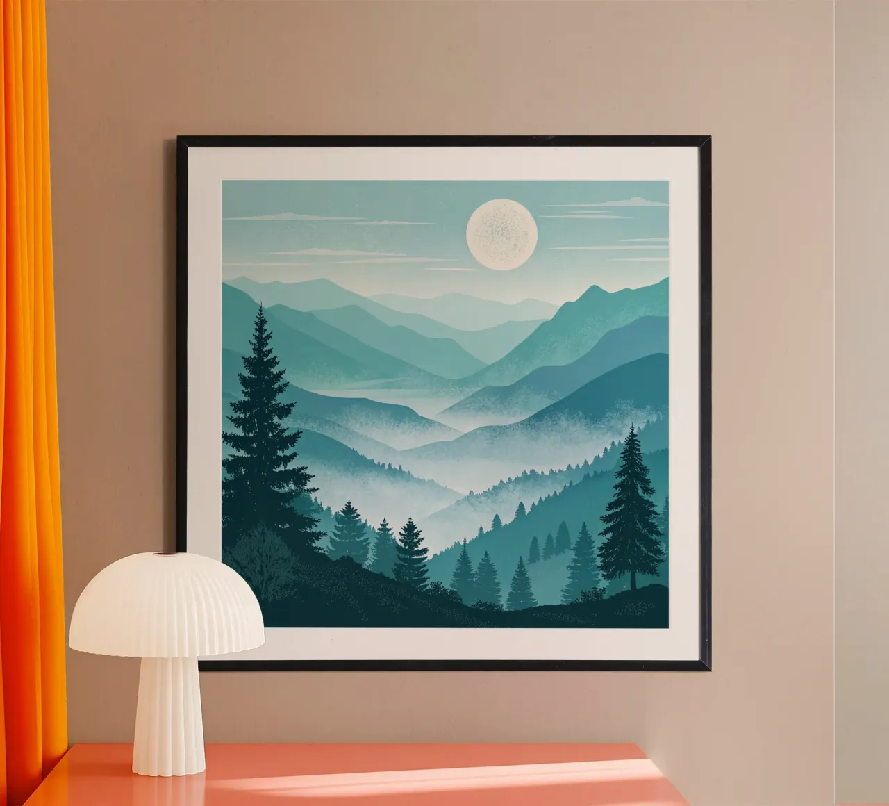 Un sereno paesaggio montano di valle con foschia blu poster con telaio in plastica da Artistic-shop