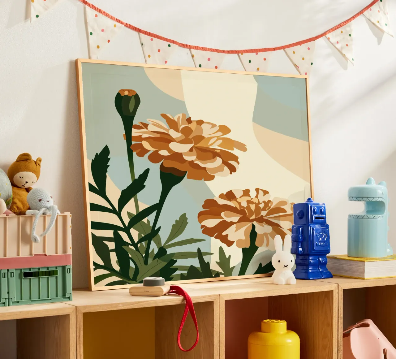 Tagetes Erecta Fiore poster con telaio in legno da HAPPY SHOP