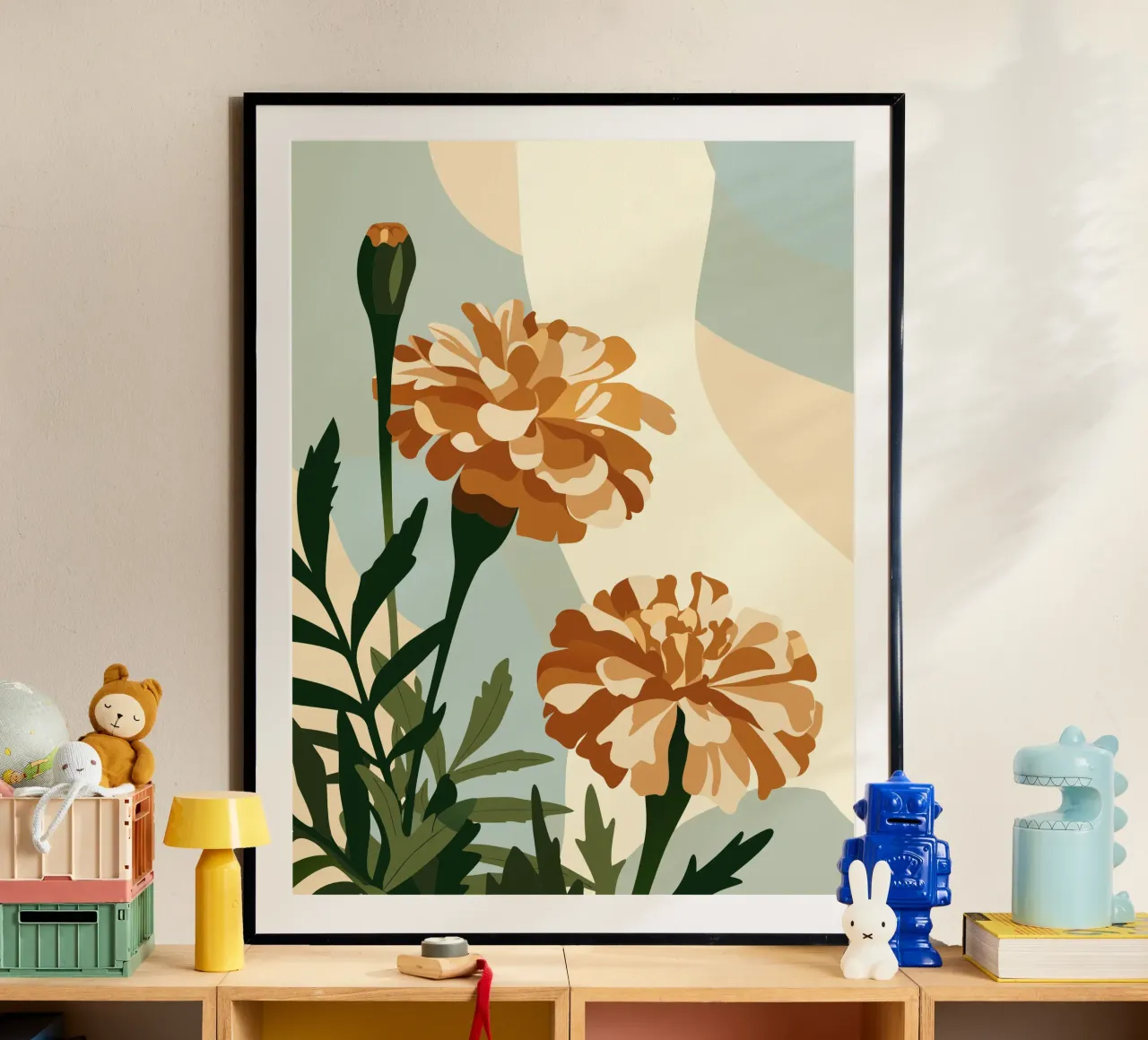 Tagetes Erecta Fiore poster con telaio in legno da HAPPY SHOP