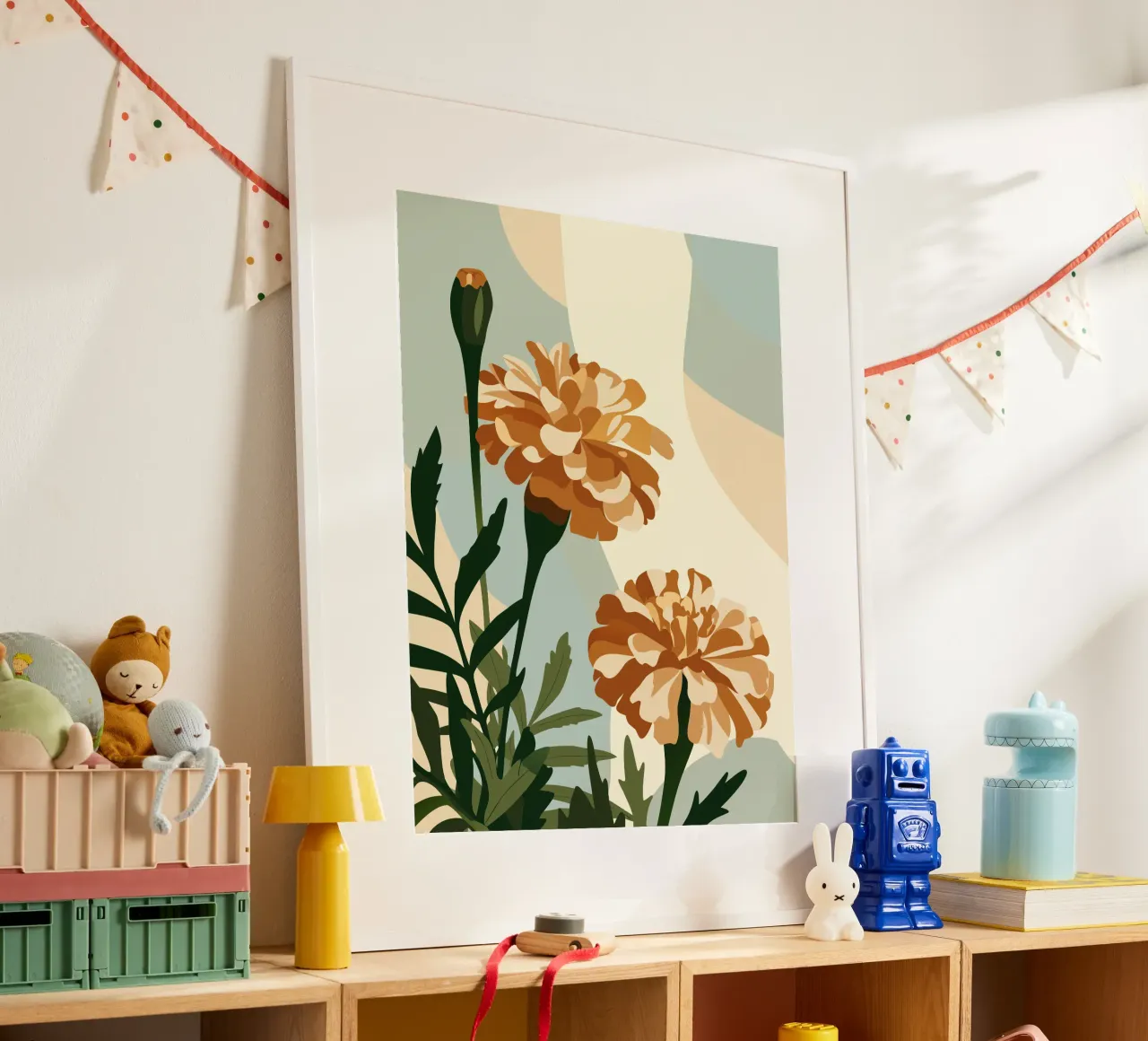 Tagetes Erecta Fiore poster con telaio in legno da HAPPY SHOP