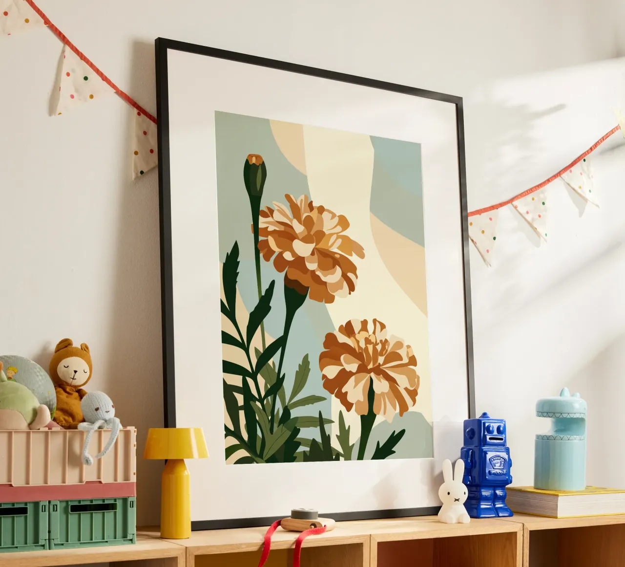 Tagetes Erecta Fiore poster con telaio in legno da HAPPY SHOP