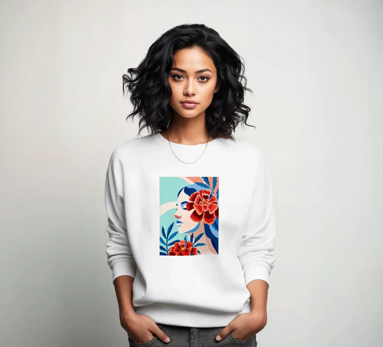 Vrouw met bloemen sweatshirt van HAPPY SHOP