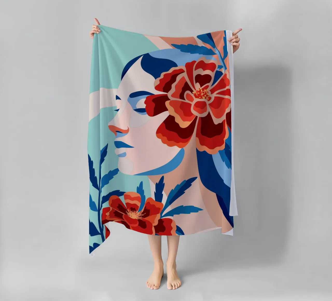 Donna con fiori telo mare da HAPPY SHOP