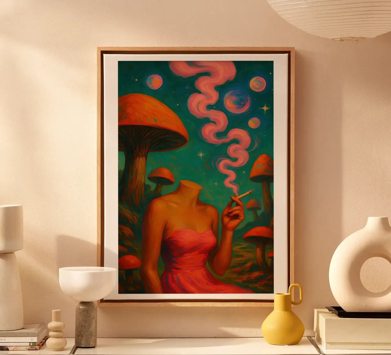 Retro Surreal Paddenstoel Cannabis canvas met Baklijst van Ryley Smith traveler