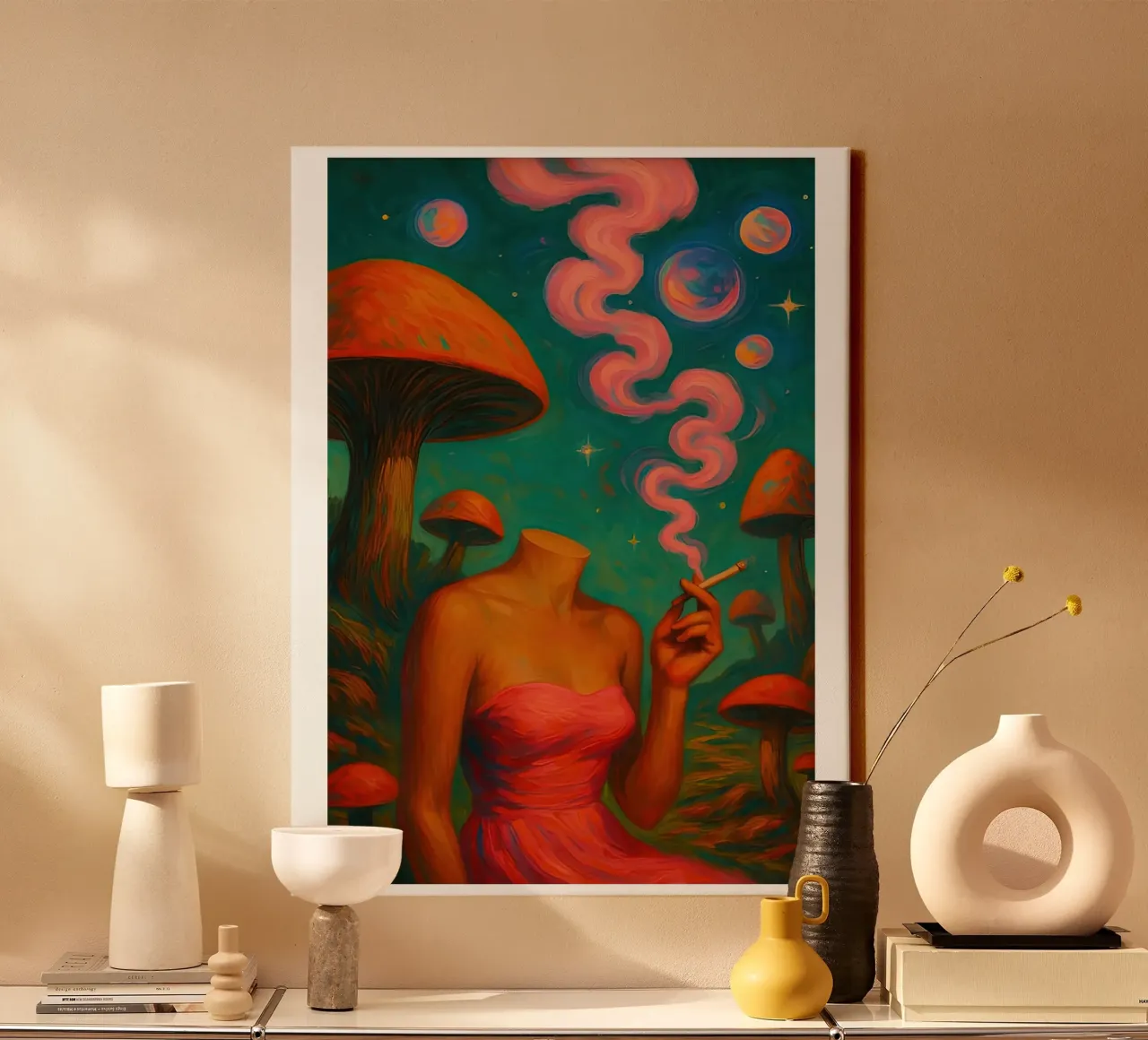 Retro Surreal Paddenstoel Cannabis canvas met Baklijst van Ryley Smith traveler
