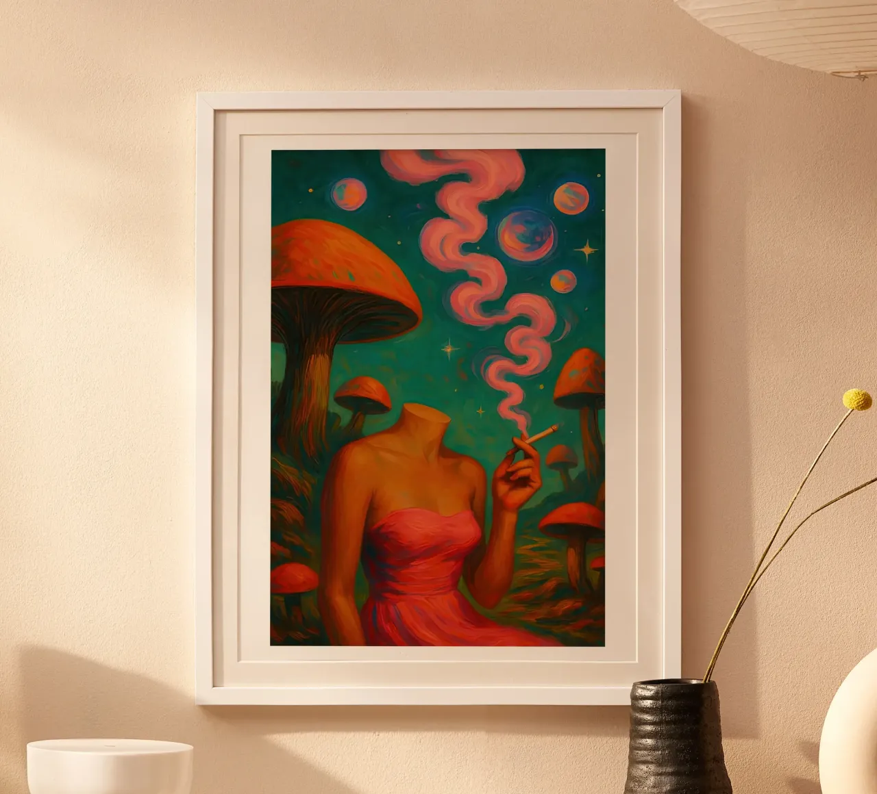 Fungo retrò surreale Cannabis poster con telaio in legno da Ryley Smith traveler