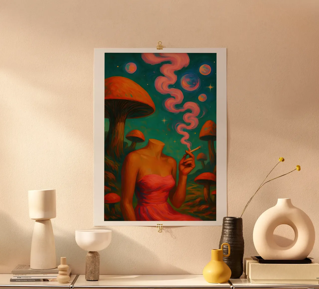 Fungo retrò surreale Cannabis poster con telaio in legno da Ryley Smith traveler