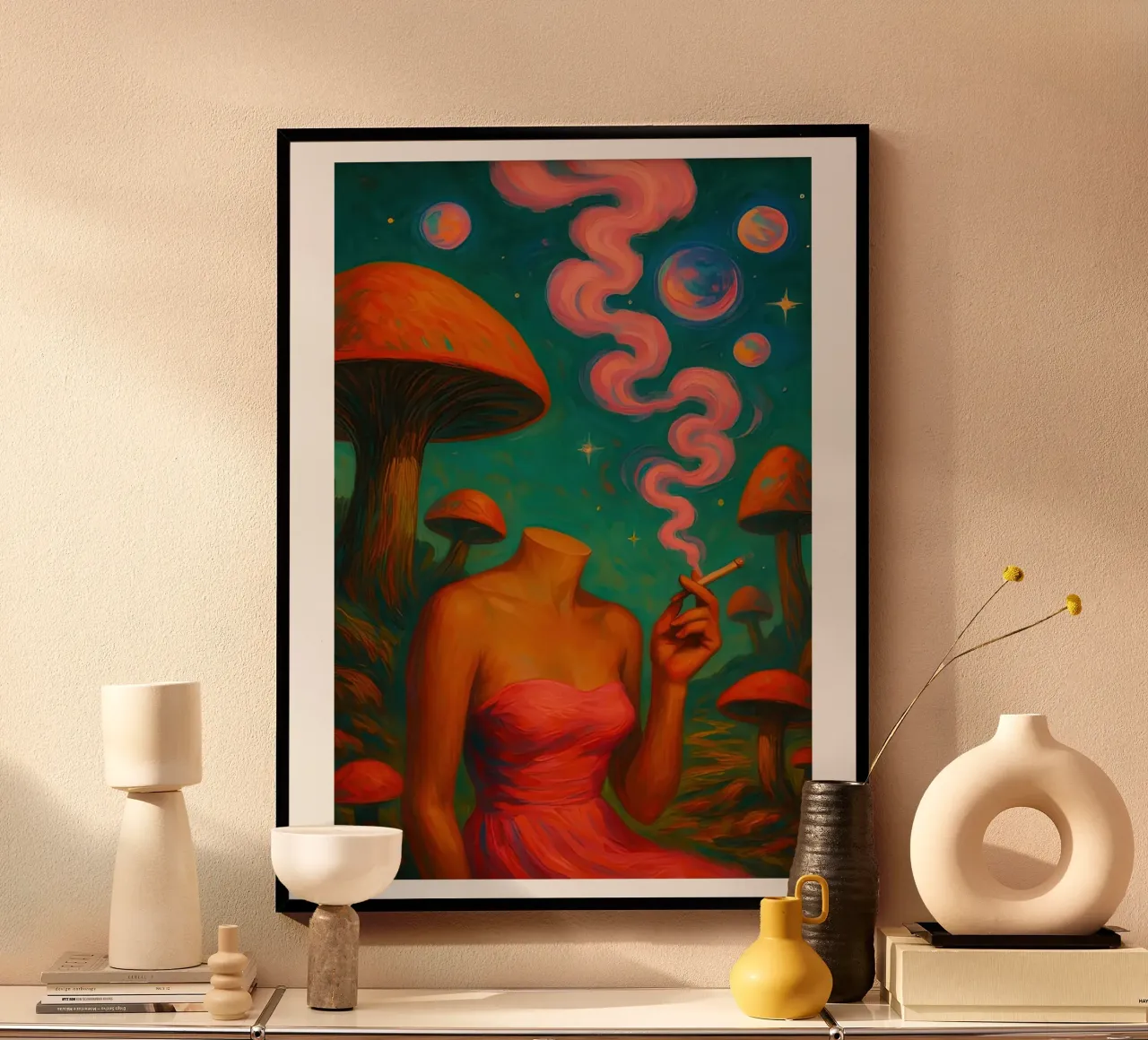 Fungo retrò surreale Cannabis poster con telaio in legno da Ryley Smith traveler