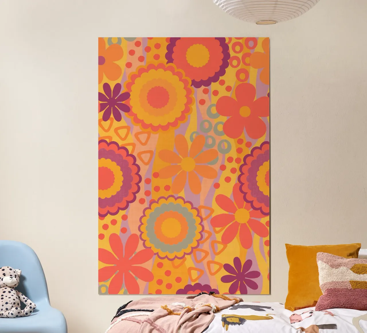 Anima anni Settanta Groovy Flower Power Corallo Arancione Giallo poster con telaio in legno da Andrea Haase Modern Home